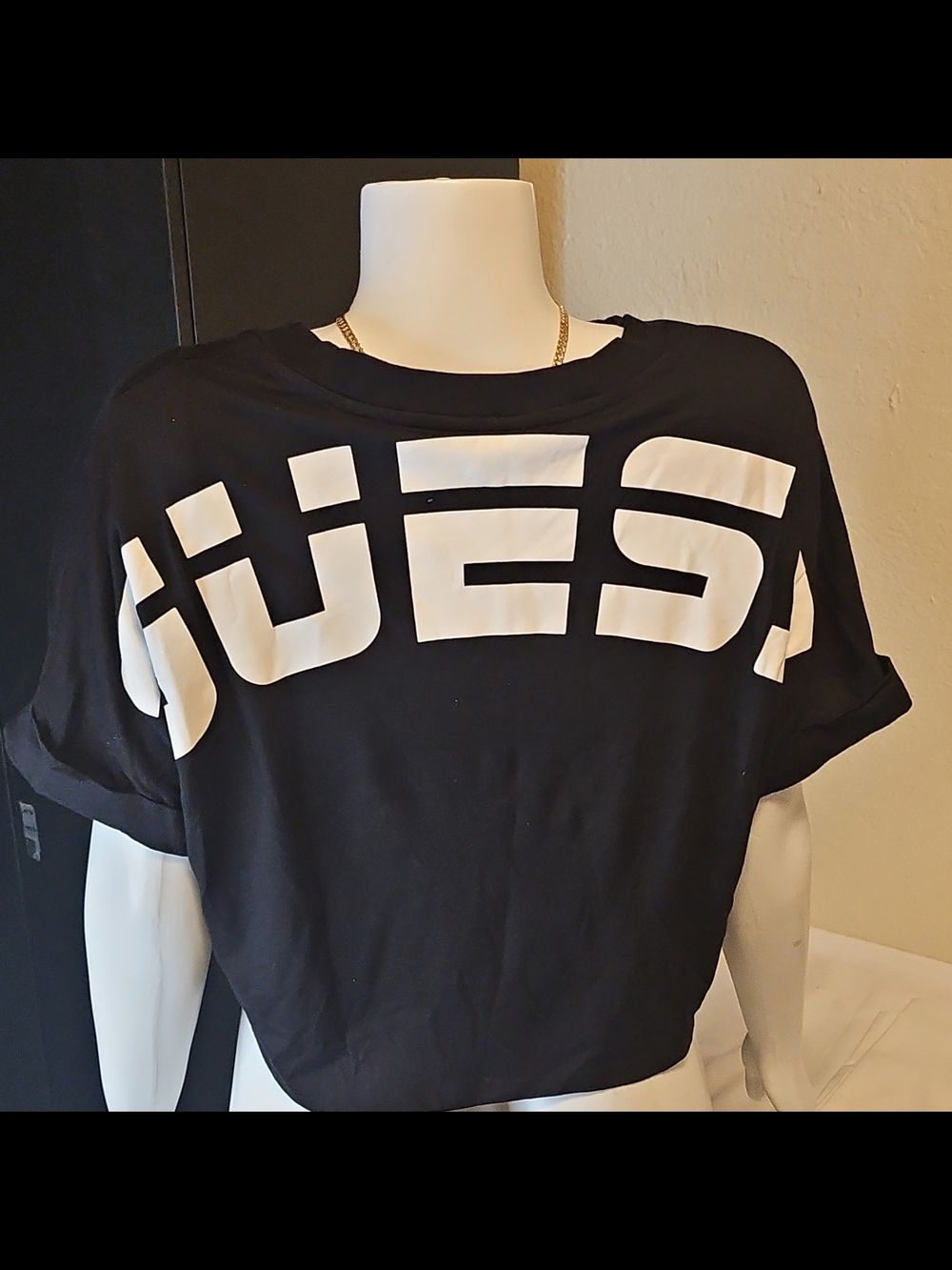 Guess Black Cropped Logo Tee with White Print
